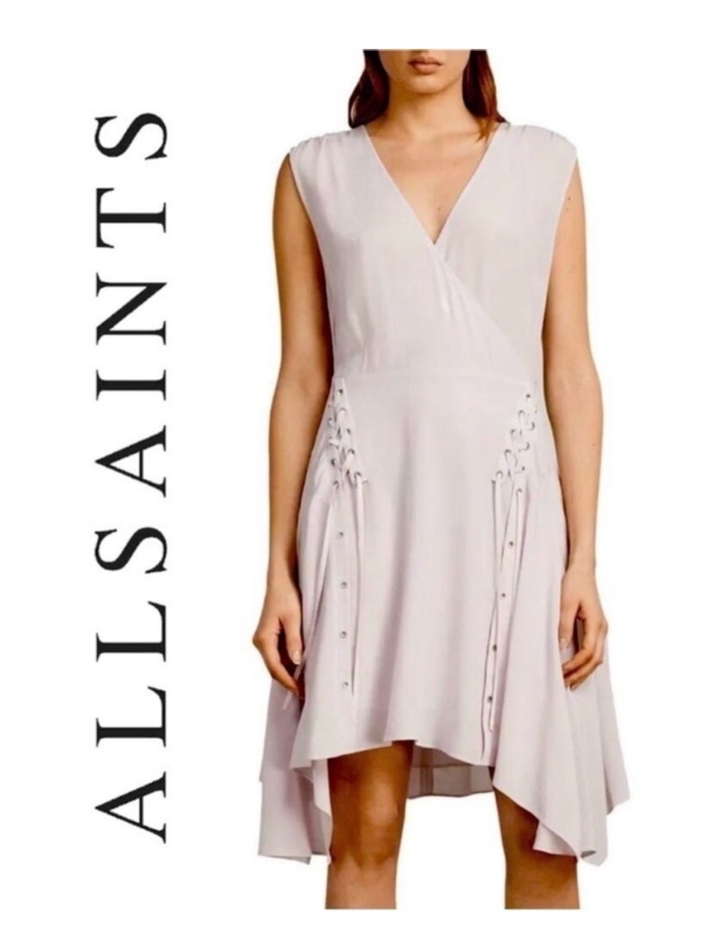 All Saints Blush Lace-Up High-Low V-Neck Dress